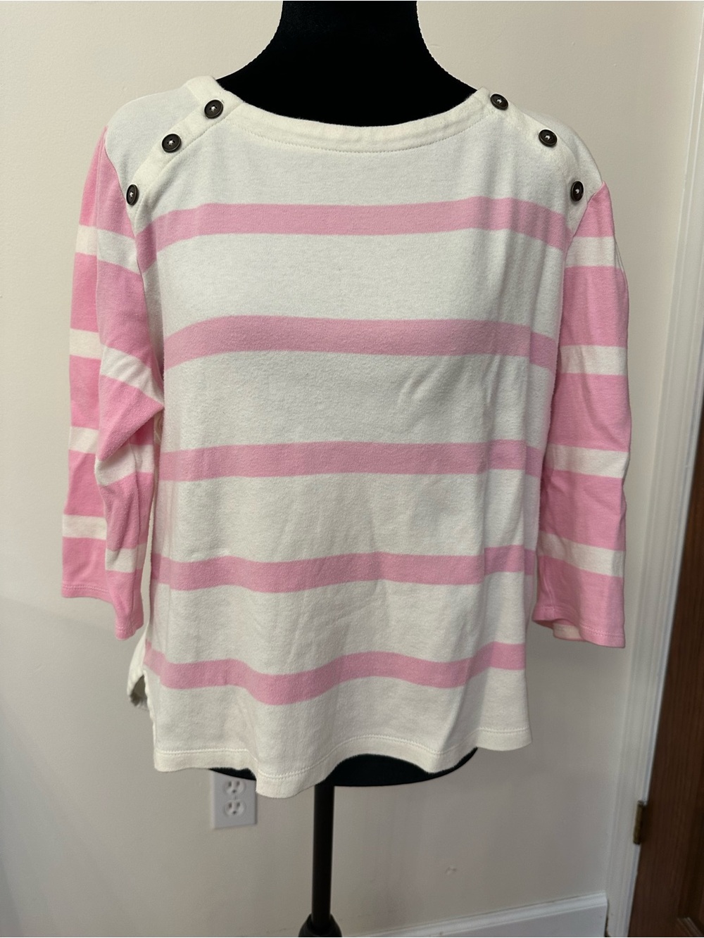 Talbots Pink and White Striped Boatneck Top w/ Buttons & Front Crop - Size Large